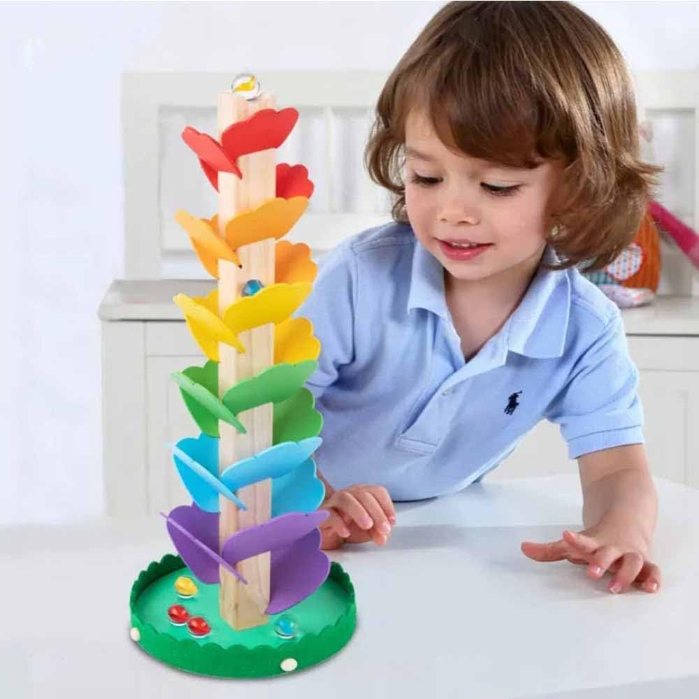 Tooky Toy Wooden Spiral Tower with Marbles - Flower-Themed Ball Track Toy, Ages 3+
