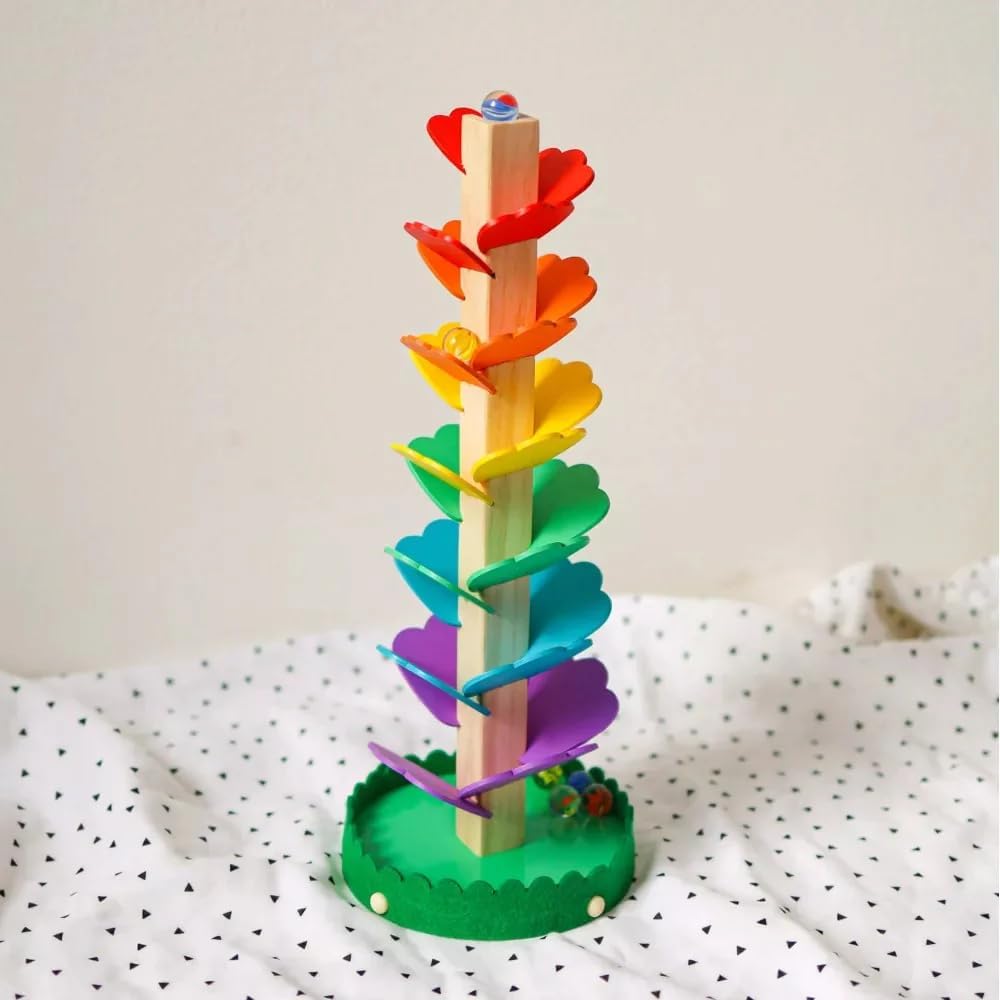 Tooky Toy Wooden Spiral Tower with Marbles - Flower-Themed Ball Track Toy, Ages 3+