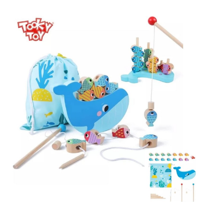 Tooky Toy TH698 Wooden Fishing Game 25 Pieces Interlocking Stacking Game