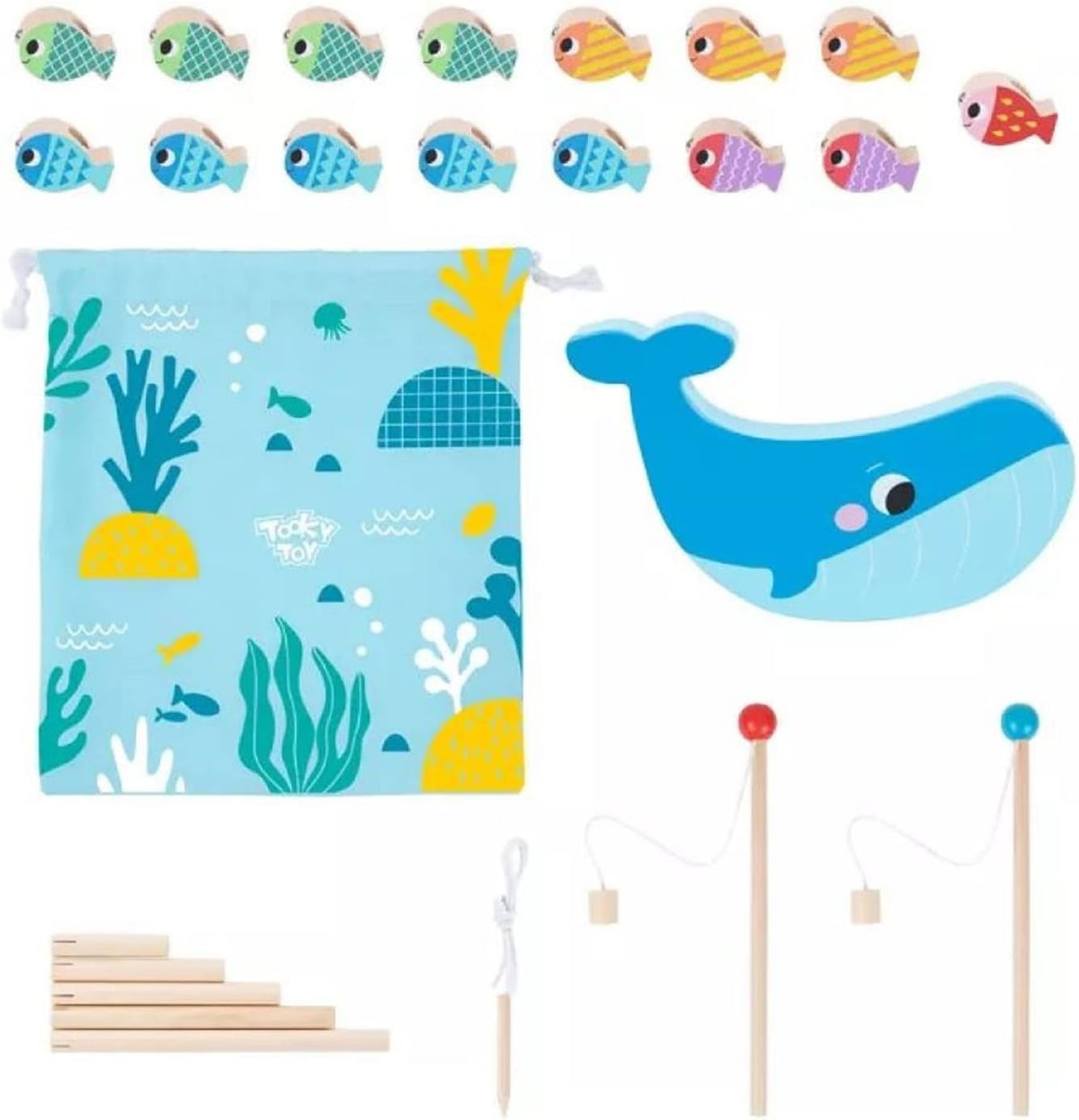 Tooky Toy TH698 Wooden Fishing Game 25 Pieces Interlocking Stacking Game